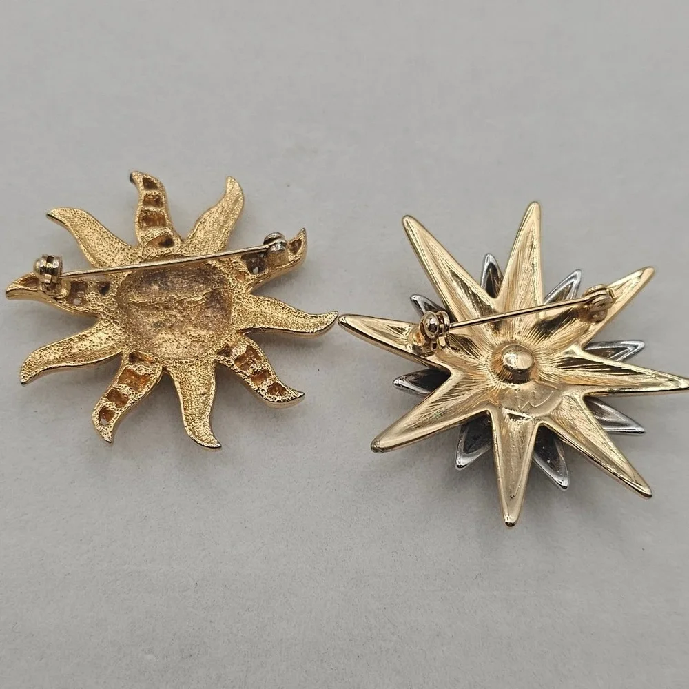 Celestial Sun & Moon Brooch Pin 2pc Gold Silver Tone Blue Enamel Rhinestone